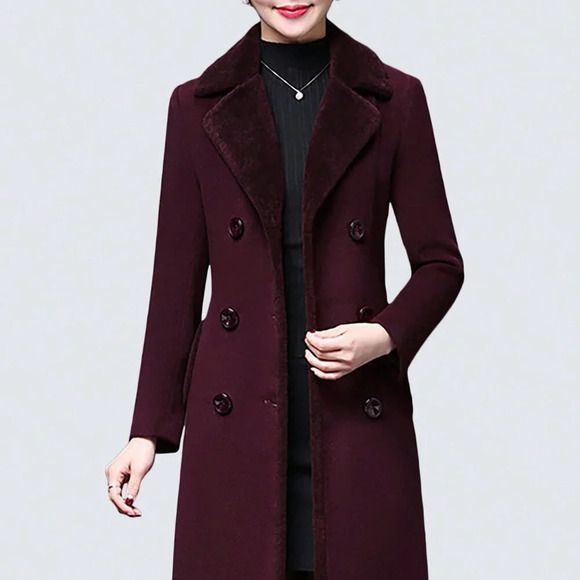 Purple Casual Women's Stylish Double-Breasted Notched Lapel Midi Pea Coat - Picture 5 of 6